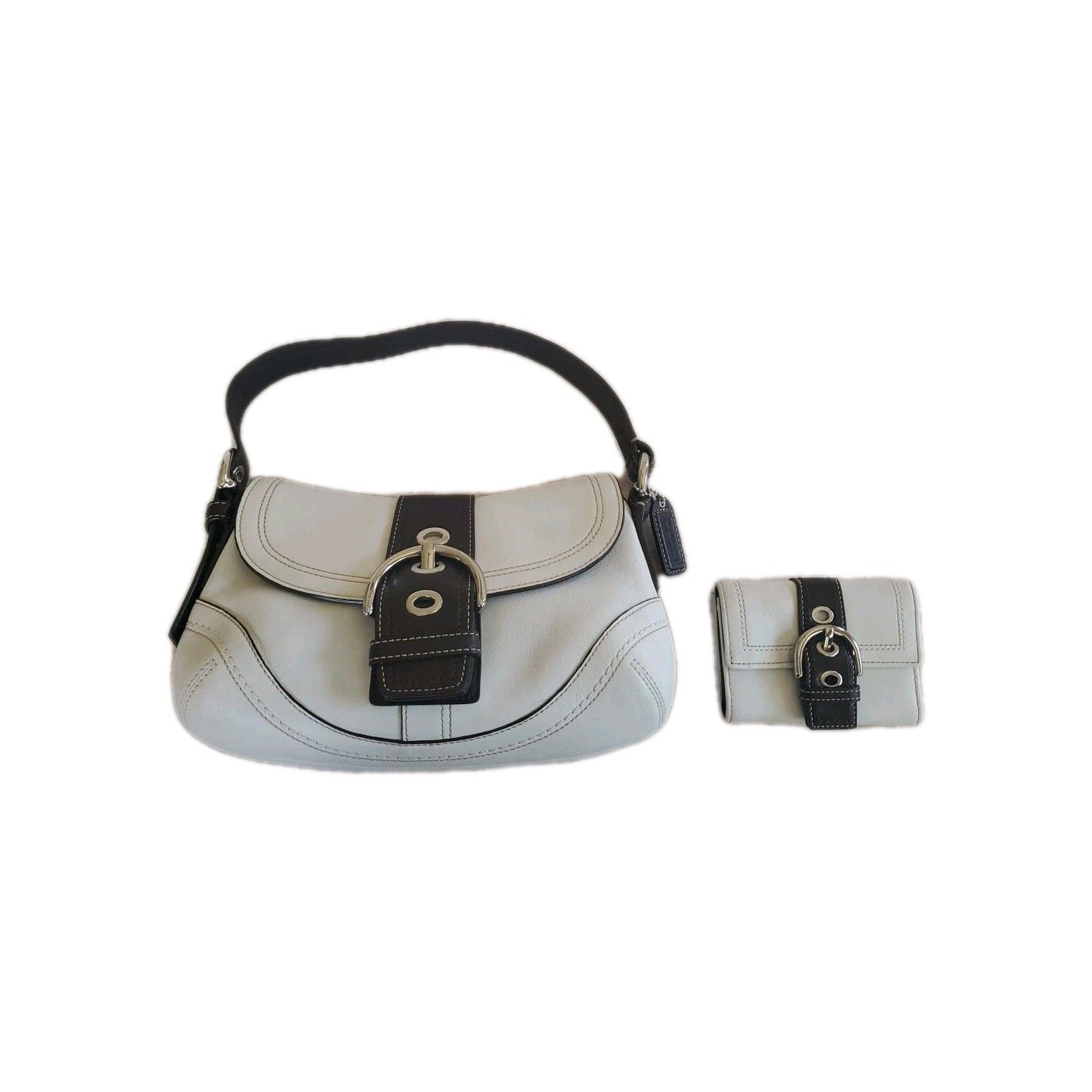 Coach F10909 Winter White Dk Brown Soho Leather Shoulder Bag & Wallet Set